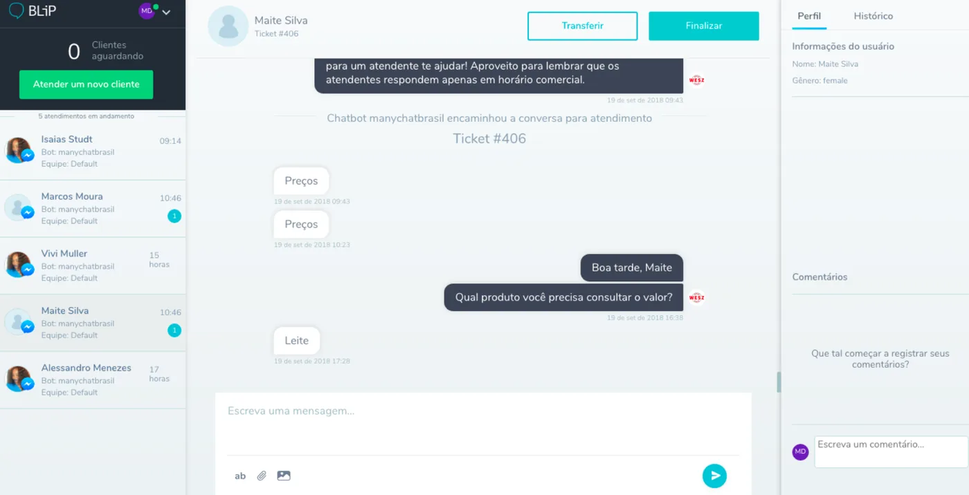 Melhores ferramentas de chatbot para WhatsApp para vendas em 2026: 5 plataformas com API oficial no Brasil 3 Tela de atendimento da plataforma Blip com lista de conversas e ticket em andamento