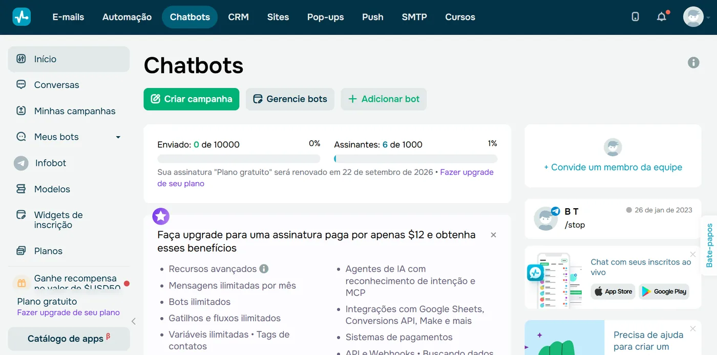 Melhores ferramentas de chatbot para WhatsApp para vendas em 2026: 5 plataformas com API oficial no Brasil 2 Painel de chatbots da SendPulse com plano gratuito, agentes de IA e sistema de pagamentos