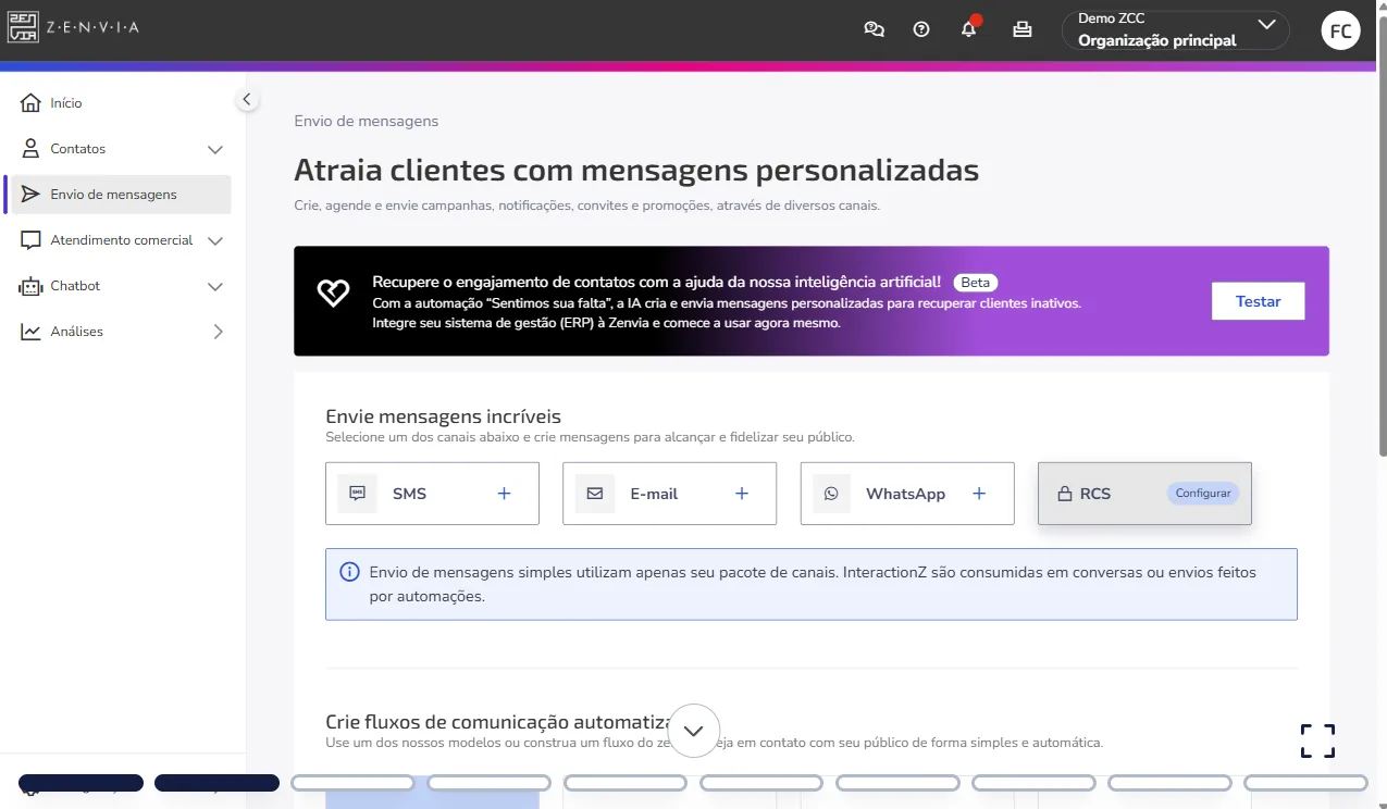 Melhores ferramentas de chatbot para WhatsApp para vendas em 2026: 5 plataformas com API oficial no Brasil 4 Tela de envio de mensagens da Zenvia com canais SMS, e-mail, WhatsApp e RCS